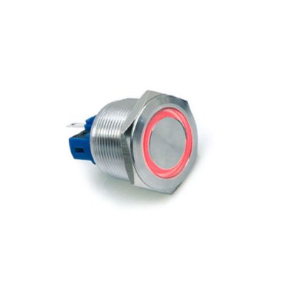 22mm metal push button switch, with LED illumination, High Head, Flat Head, Momentary, Latching, Ring LED illumination, Power Symbol, custom finishes, single LED illumination, LED SWITCHES, RJS Electronics Ltd