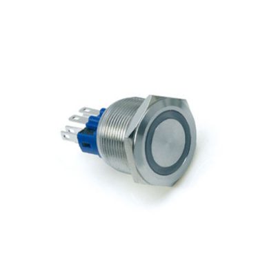 22mm metal push button switch, with LED illumination, High Head, Flat Head, Momentary, Latching, Ring LED illumination, Power Symbol, custom finishes, single LED illumination, LED SWITCHES, RJS Electronics Ltd