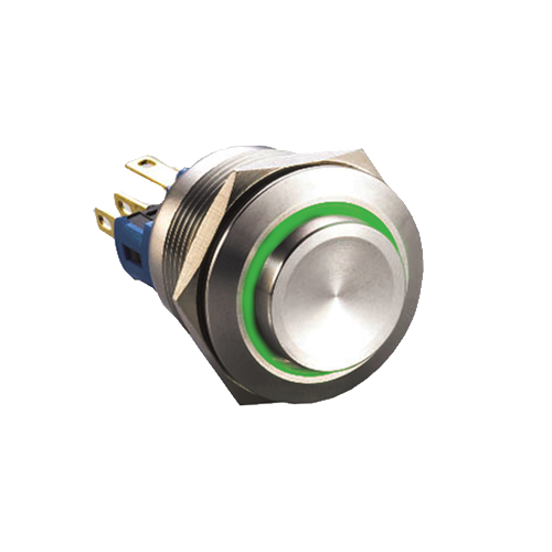 22mm metal push button switch, Ring LED illuminated, RGB LED, antivandal switch, panel mount, RJS Electronics Ltd