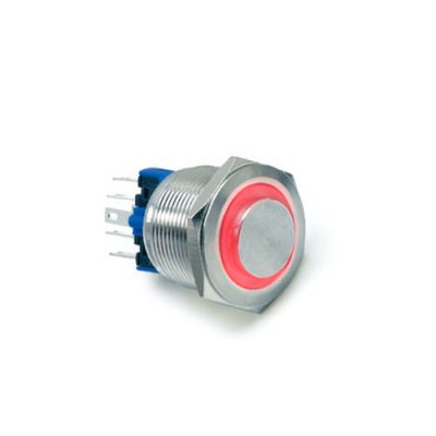 22mm metal push button switch, with LED illumination, High Head, Flat Head, Momentary, Latching, Ring LED illumination, Power Symbol, custom finishes, single LED illumination, LED SWITCHES, RJS Electronics Ltd