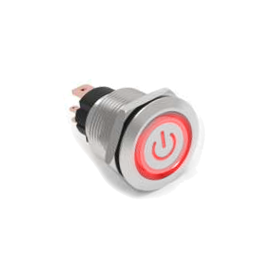 19mm metal push button switch, power LED illuminated, antivandal switch, panel mount RJS Electronics Ltd