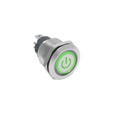 RJS107-19L(A)-F-C5~67J 19mm high current metal push button switch, power LED illuminated, antivandal switch, LED SWITCHES, panel mount RJS Electronics Ltd