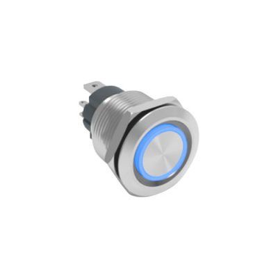 RJS107-19L(A)-F-R~67J 19mm high current metal push button switch, ring LED illuminated, antivandal switch, LED SWITCHES, panel mount RJS Electronics Ltd