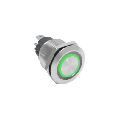 RJS107-19L(A)-F-R~67J 19mm high current metal push button switch, ring LED illuminated, anti vandal switch, RGB switches, LED SWITCHES, panel mount RJS Electronics Ltd