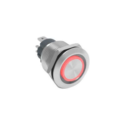RJS107-19L(A)-F-R~67J 19mm high current metal push button switch, ring LED illuminated, antivandal switch, LED SWITCHES, panel mount RJS Electronics Ltd