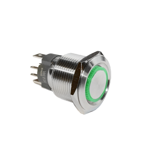 19mm metal push button switch, ring LED illuminated, antivandal switch, panel mount RJS Electronics Ltd