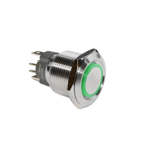 19mm metal push button switch, ring LED illuminated, antivandal switch, LED SWITCHES, panel mount RJS Electronics Ltd