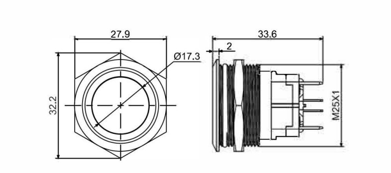 drawing for 25mm high current antivandal switch, rjs electronics ltd