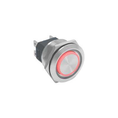 RJS107-25L(A)-F-R~67J 25mm high current metal push button switch, ring LED illumination, RGB switches, anti vandal switch, panel mount, LED SWITCHES, RJS Electronics