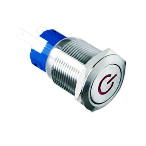 19mm metal push button switch, power LED illuminated, antivandal switch, panel mount RJS Electronics Ltd