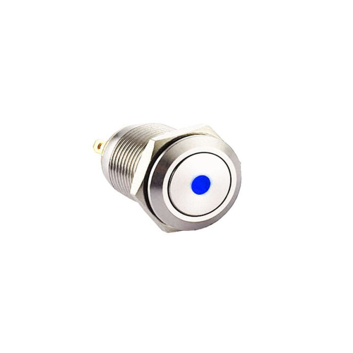 12mm push button switch with ring LED Illumination, Anti-vandal, Push button metal switches, switches with LED illumination, single LED Illumination, bi-colour LED illumination, RGB Illumination. Dot Illumination, flat head, RJS Electronics Ltd.