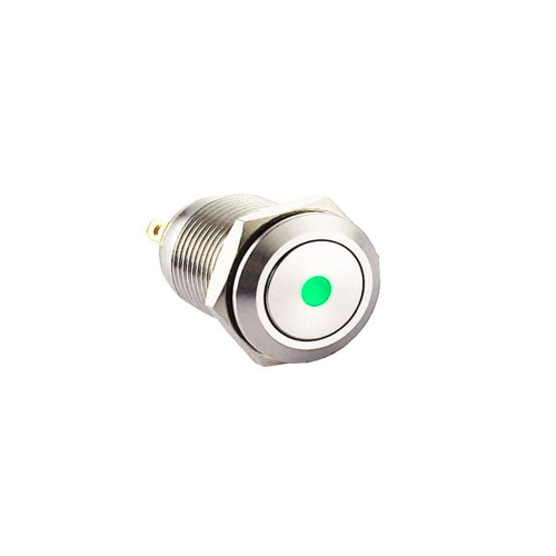 12mm push button switch with ring LED Illumination, Anti-vandal, Push button metal switches, switches with LED illumination, single LED Illumination, bi-colour LED illumination, RGB Illumination. Dot Illumination, flat head, RJS Electronics Ltd.