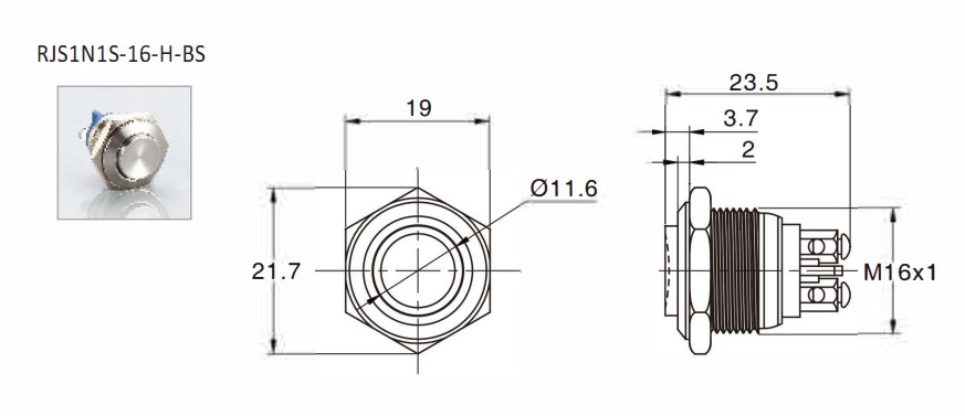 19mm anti vandal push button switch, technical drawing, rjs electronics ltd