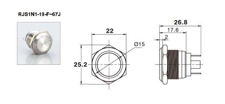 19mm antivandal push button switch technical drawing, rjs electronics ltd