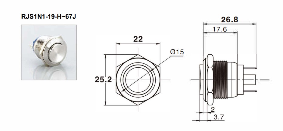 19mm antivandal switch technical drawing, rjs electronics ltd.