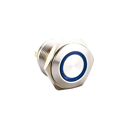 19mm metal push button switch, ring LED illuminated, antivandal switch, LED SWITCHES, panel mount RJS Electronics Ltd