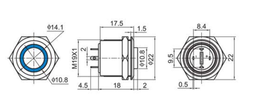 Drawing for 19mm metal switch, led button, high head ring, rjs electronics ltd