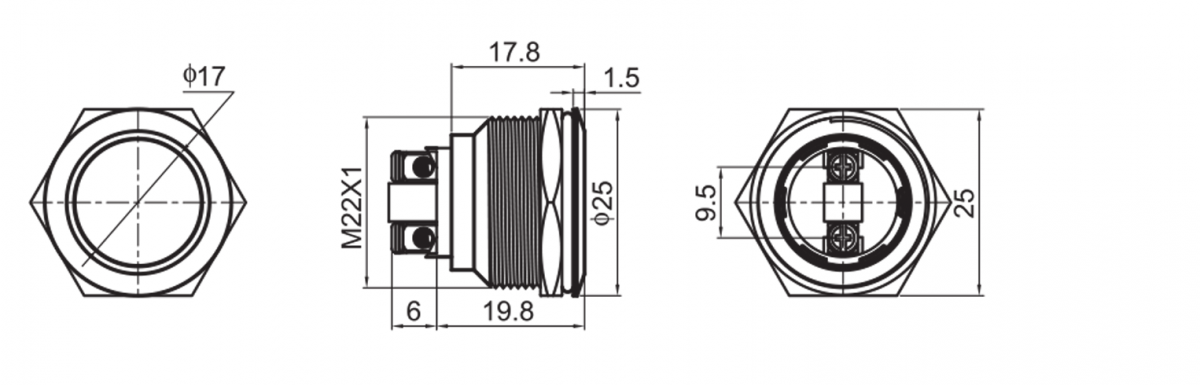 RJS1N1-22mm, Push Button Switch, Metal Switch, non-illuminated, stainless steel, black anodised aluminium, momentary switch, switch without illumination, anti-vandal, IP65 rated. RJS Electronics Ltd, +44 (0)1234 213600, sales@rjselectronics.com