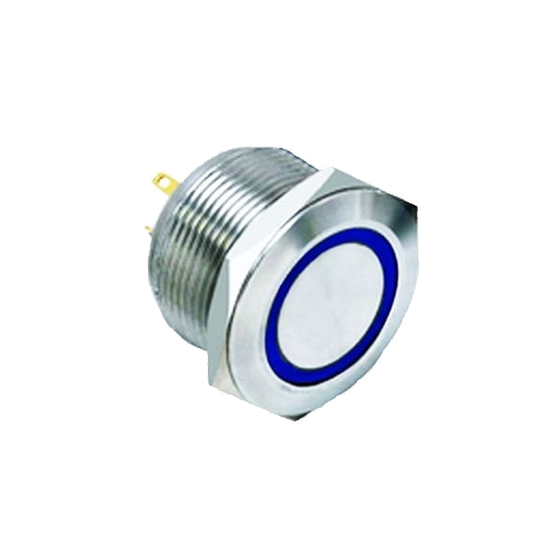 22mm metal push button switch, Ring LED illuminated, antivandal switch, panel mount, LED SWITCHES, RJS Electronics Ltd