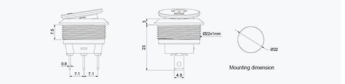 Technical drawing for antivandal rocker switch, rjs electronics ltd