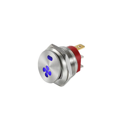 RJS1N1-22RL-XX-Y-BS-ZV-65P metal anti vandal rocker switch, panel mount metal rocker switches, IP65 rated, led illuminated, blue fan symbol, LED switches, switch with illumination, LED buttons, rjs electronics ltd