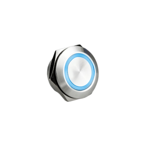 12mm, 16mm, 19mm, 22mm, 25mm, 30mm metal anti-vandal push button switch with ring LED illumination options. Solder lug terminals and screw terminals. LED Switches, RGB switches, switch with illumination, RJS Electronics Ltd