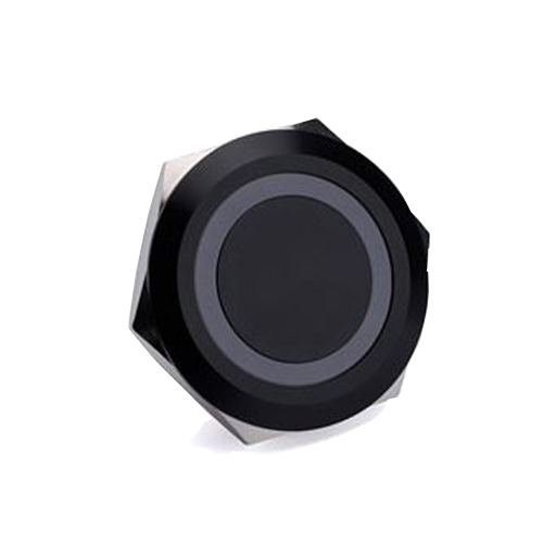 30mm Anti-vandal push button switch with LED ring illumination. Low profile push button switch, LED SWITCHES, switch with illumination, metal RGB switches, RJS Electronics Ltd