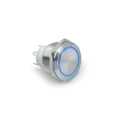 22mm antivandal metal push button switch, ring blue led illumination, panel mount vandal proof switch, short body, rjs electronics ltd