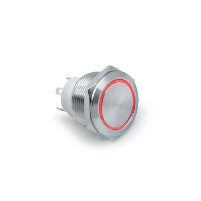 22mm antivandal metal push button switch, ring red led illumination, panel mount vandal proof switch, short body, LED SWITCHES, rjs electronics ltd