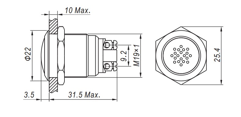19mm buzzer, drawing, rjs electronics ltd