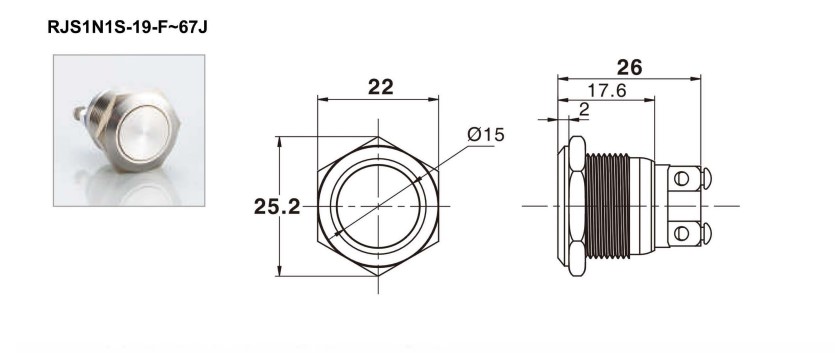 19mm antivandal switch drawing, rjs electronics ltd