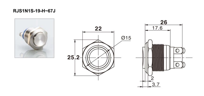 19mm antivandal drawing, rjs electronics ltd