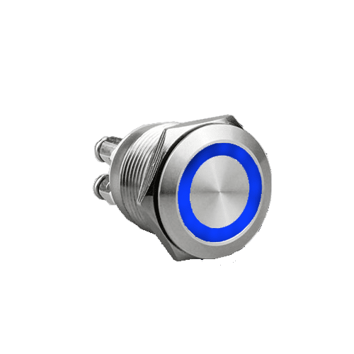 19mm metal push button switch, ring LED illuminated, antivandal switch, panel mount, LED SWITCHES, RJS Electronics Ltd