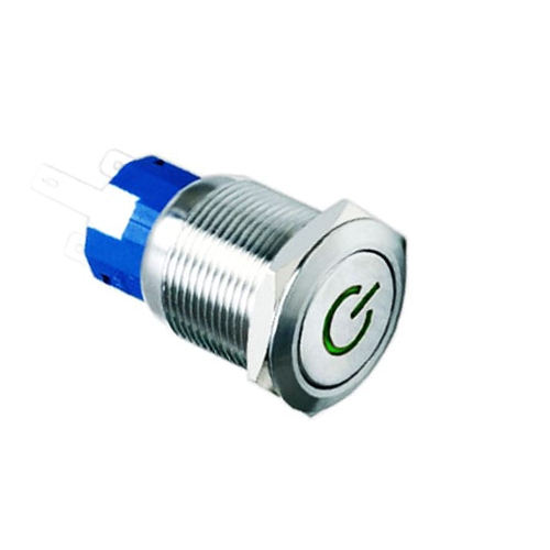 19mm metal push button switch, power LED illuminated, antivandal switch, panel mount RJS Electronics Ltd