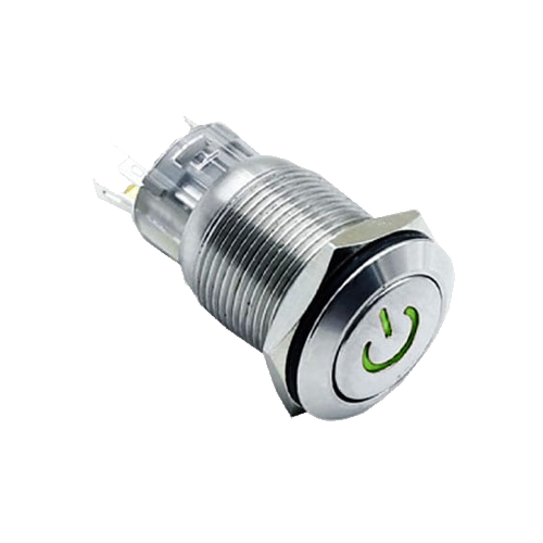 19mm metal push button switch, power LED illuminated, antivandal switch, panel mount RJS Electronics Ltd