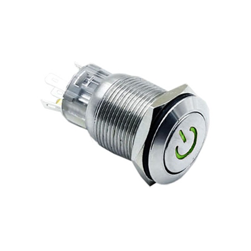 19mm metal push button switch, power LED illuminated, antivandal switch, panel mount RJS Electronics Ltd