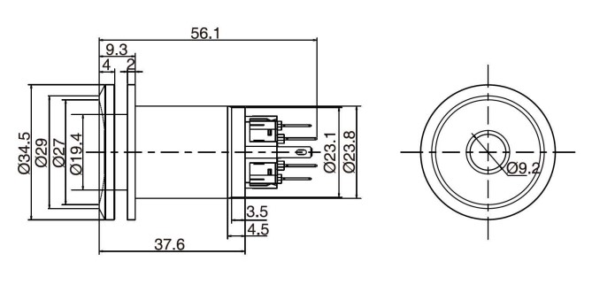 25mm antivandal switch, drawing, rjs electronics ltd