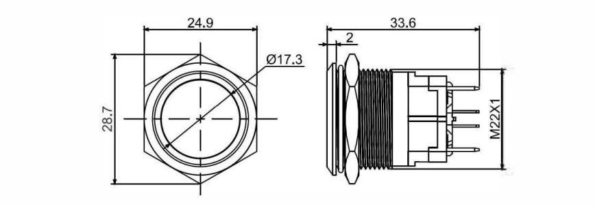 drawing for 22mm high current antivandal switch, rjs electronics ltd