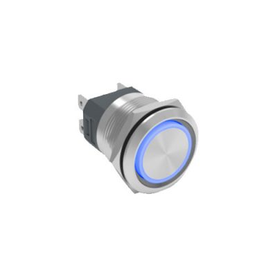 RJS207-22L(A)-F-R~67J 22mm metal push button switch, latching, ring led illumination, high current, panel mount, LED SWITCHES, rjs electronics ltd
