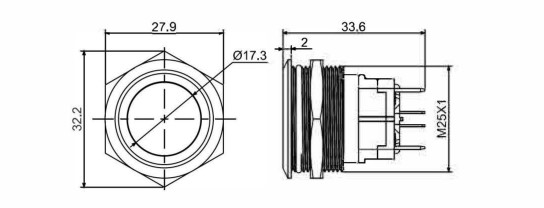 drawing for 25mm high current antivandal switch, led switch, rjs electronics ltd