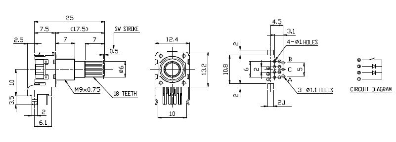 Drawing of RJSILLUME-12S24217 PCB mount led illuminated rotary encoder with push button switch, horizontal type, LED switches, RJS Electronics Ltd
