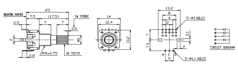 Drawing of RJSILLUME-12S24218KM PCB Mount, Encoder switches, led illuminated encoder with push button switch, three colour illumination, LED switches, RJS Electronics Ltd