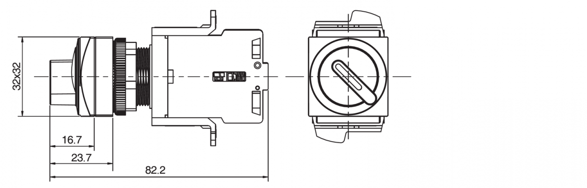 Drawing of panel mount, non-illuminated selector switches, available with momentary and latching function. RJS Electronics Ltd.