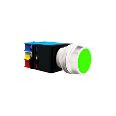 RJSMS22E Round Flat with Light Green, led illuminated push button switch, Led Switches, terminal mount, RJS Electronics Ltd