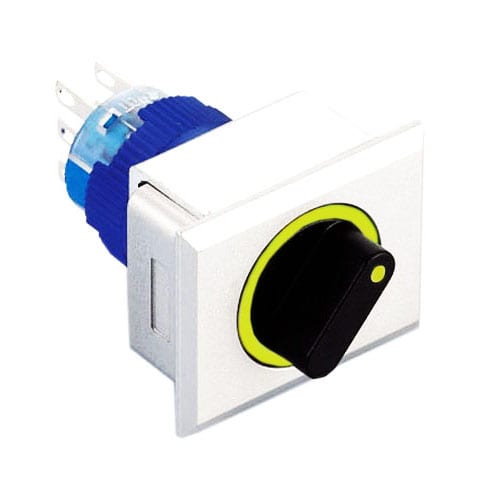 Panel mount, selector switch with LED illumination, supports custom etching or available without LED illumination. Square bezel with a rotary round selector switch, momentary, maintained or latching function, SPDT/DPDT, single LED illumination available in Red, Amber, Green, White, Blue or Yellow. RJS Electronics Ltd.