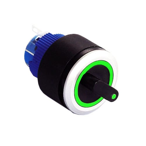Round, RING LED Illuminated Selector Switch, Panel Mount, available with custom symbol. RJS Electronics Ltd.