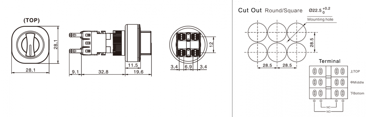 RJS Electronics, panel mount, non-illuminated, momentary or latching functioning, rotary, panel mount, terminal block. RJS Electronics Ltd.