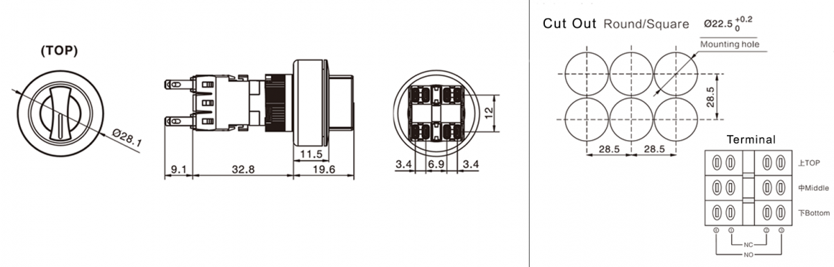 RJS Electronics, panel mount, non-illuminated, momentary or latching functioning, rotary, panel mount, terminal block. RJS Electronics Ltd.