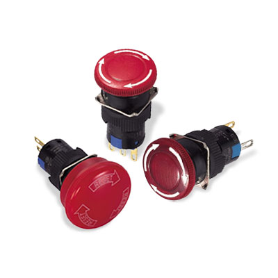 RJSPS16A Emergency Stop Switches, E-stop push button, panel mount switches, switch with illumination, latching push button switch, LED illuminated buttons, safety switch, industrial components, LED buttons, LED switches, IP65 rated, RJS Electronics Ltd
