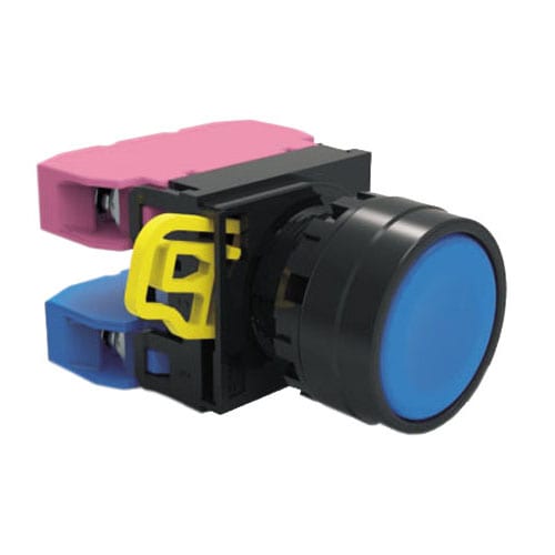 Panel Mount, Plastic Push Button switch with LED illumination. Single LED illumination, full illumination. 22mm push button, Ip65 Rated, weather proof, push button switch with terminal block. RJS Electronics Ltd.